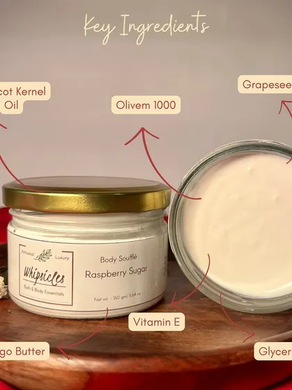 A look at the key ingredients in our Body Soufflé, including Mango Butter, Apricot Kernel Oil, Grapeseed Oil, and Olivem 1000, a natural emulsifier.