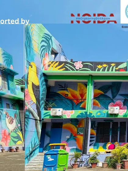 This collage highlights the scale of the community center mural, showing how the artwork wraps around the building's architecture.