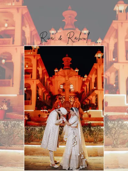 A creative edit of the couple's portrait, with the groom bowing to kiss the bride's hand, set against the majestic backdrop of their wedding venue.