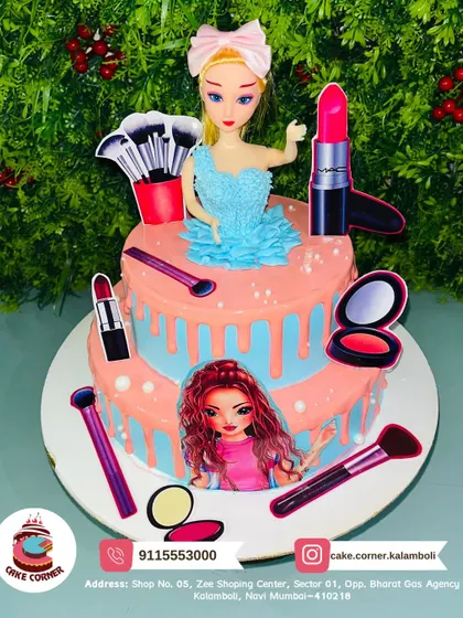 A glamorous two-tier makeup and doll themed cake. This fun design combines the world of beauty with a stylish doll topper, perfect for a young fashionista.