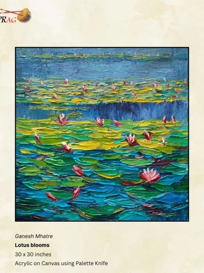 'Lotus blooms' by Ganesh Mhatre, a textured palette-knife painting that captures the serene beauty of a pond filled with water lilies.