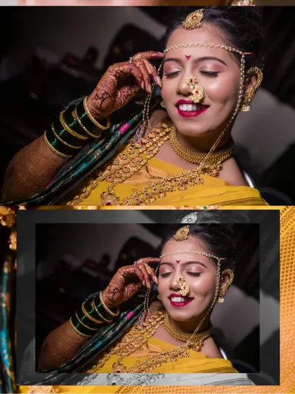 A collage of the bride getting ready, her expression serene and happy as she puts on her jewelry.