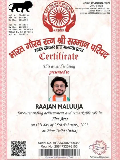 The official certificate for the Bharat Gaurav Ratan Shri Samman, a recognition from a council recognized by the Government of India for my outstanding achievement in Fine Arts.