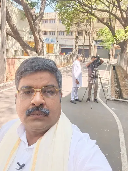 On location for a News18 Kannada shoot for a special segment called 'Gili Gili Politics'. Media appearances often include fun and satirical political commentary.