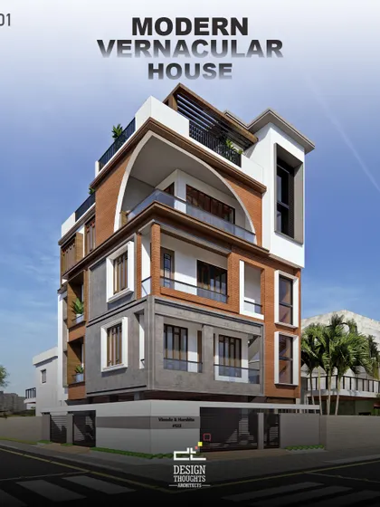 This modern home on a 30x40 plot blends contemporary design with a vernacular touch. We used alternating vertical and horizontal window compositions to create visual interest and break the monotony of the facade.