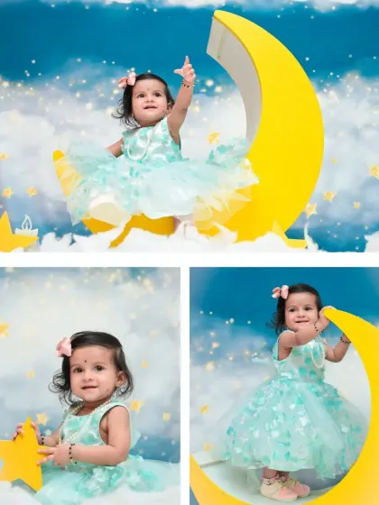 This collage displays three different interactions with the 'Moon & Stars' set, including holding a star prop and reaching for the sky.