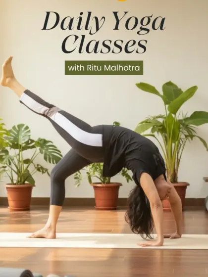My daily online yoga classes are available wherever you are. This image, showing me in a dynamic pose, represents the strength and flexibility you can build with a consistent practice. I offer both live and recorded sessions to fit your schedule.
