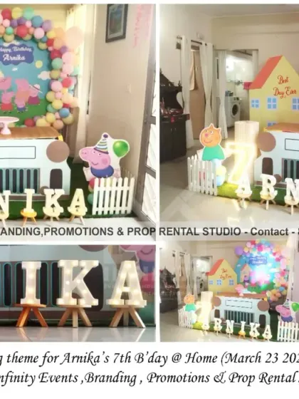 A playful Peppa Pig theme for a 7th birthday at home. The setup includes a custom house backdrop, a table for the cake, character cutouts, and marquee letters, creating a fun and familiar scene for the birthday girl.