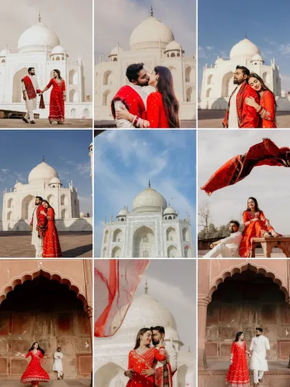 A collage showcasing the variety of shots from a pre-wedding session at the Taj Mahal, from romantic embraces to playful moments with the bride's flowing dupatta.