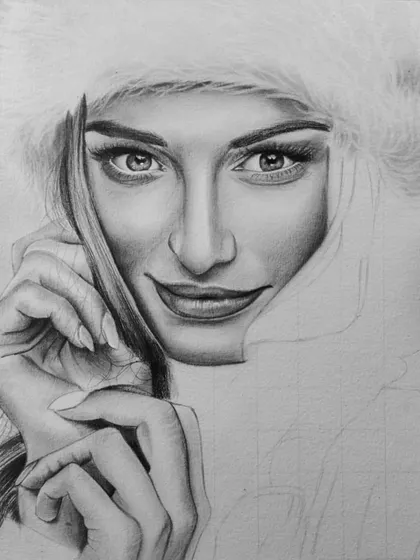 A work-in-progress shot of the Christmas portrait. Here you can see the face is almost complete, showing the detailed shading before the rest of the drawing is filled in.