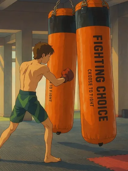 This anime-style artwork shows a fighter working the heavy bag. It represents the solitary grind and dedication required to become a champion.