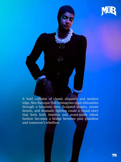 A text-heavy page from MOB Journal, explaining the "Neo-Baroque Noir" concept.