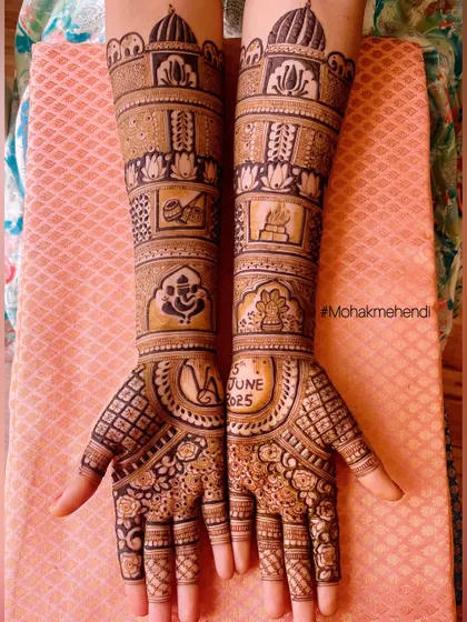 Hands adorned with timeless tradition and intricate patterns. This design includes auspicious symbols like Lord Ganesha and the sacred kalash.