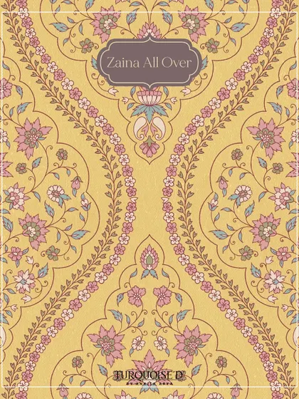 The Zaina All Over wallpaper in a cheerful yellow. This design features flowing floral vines and paisley elements, capturing the detailed embroidery work found on the borders of luxurious Pashmina shawls.