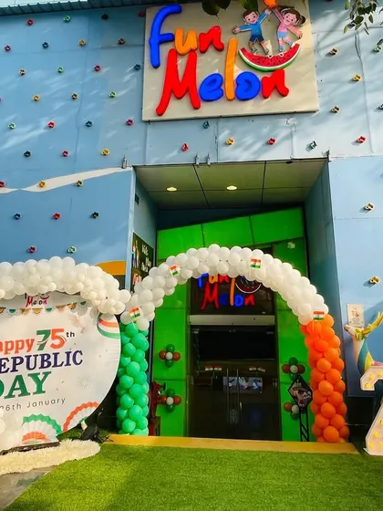 For Republic Day, I decorate the entrance with tricolor balloon arches and festive displays to create a patriotic and celebratory atmosphere for our special events.