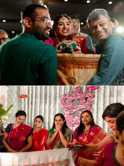 A collage showing the bride's entrance and the family's emotional reactions during the ceremony.