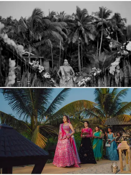 A collage showing the bride's grand entrance, surrounded by palm trees and her cheering guests.