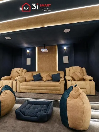 A duplicate of 277, this image provides another look at the overall layout and the warm, welcoming design of this custom home cinema.