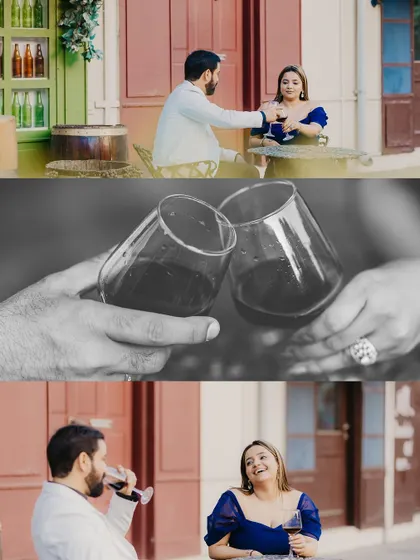 A story of a romantic date, complete with a toast of red wine, captured in a fun and candid collage.