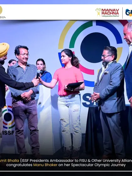 Our Vice President, Dr. Amit Bhalla, congratulates Manu Bhaker on her spectacular Olympic journey at the ISSF House, reinforcing our commitment to nurturing world-class talent.