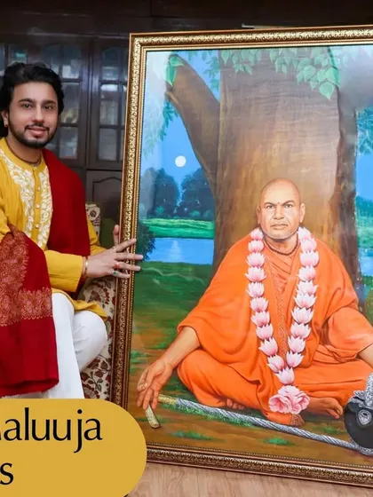 A portrait of a revered Guru from the Shri Mohan Jagdishwar Ashram, adorned with a garland of flowers. The painting captures his divine aura and the peaceful atmosphere of the ashram.