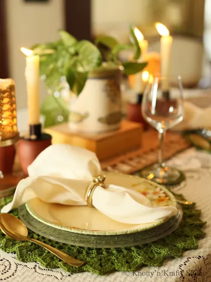 A different angle of the festive table, showing how the green placemats ground the entire setting.