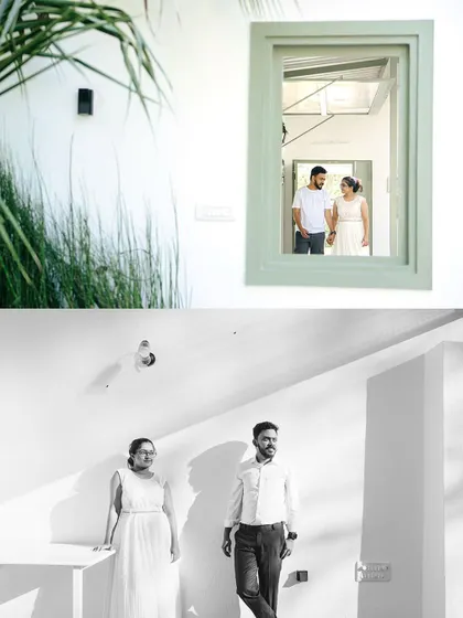 A creative indoor collage, using a window frame and simple white walls to create artistic and modern pre-wedding portraits.
