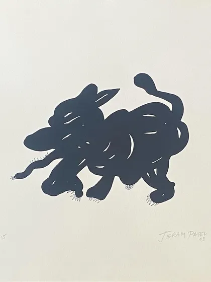A clear view of the Jeram Patel lino print, showcasing its clean lines and minimalist composition. Works on paper like this are an excellent way for collectors to acquire pieces by major artists.