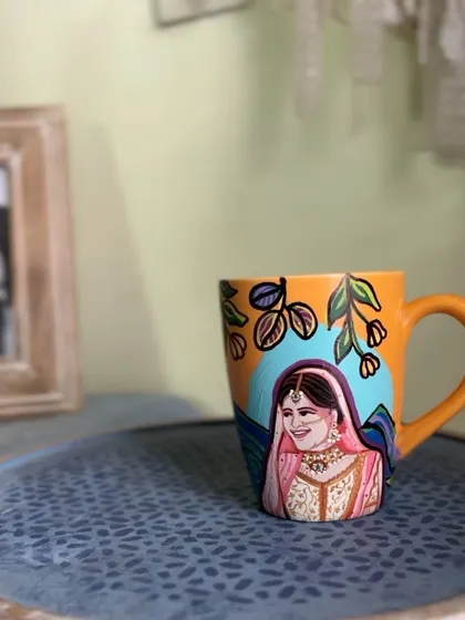 A close-up of the bride's mug from the wedding couple set.