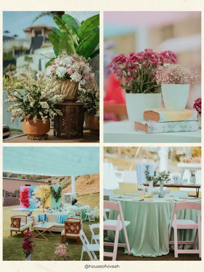 A collage capturing the overall vibe of the Haldi lunch, from the pastel seating areas and colorful floral wall to the detailed tablescapes.
