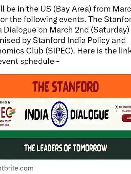 An announcement for my US tour in the Bay Area, highlighting my session at the Stanford India Dialogue. These events are part of a concentrated effort to engage with key academic and community centers.