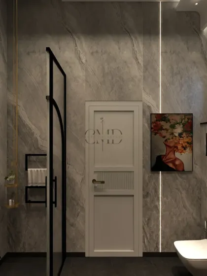 The design features a monochromatic modern vibe with warm wooden accents and a pop of color from a floral art piece.