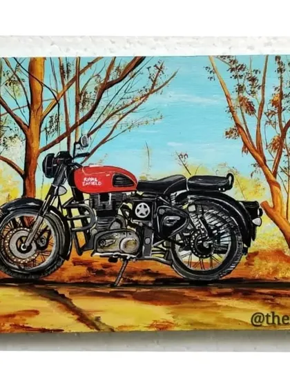 My entry for the Art of Motorcycling challenge. While many use digital art, I'm holding on to my paints to capture the vintage, classy look of the Royal Enfield.