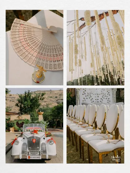 The little details that complete the wedding story. From a vintage car for the groom's entry to personalized fans for guests and elegant seating, every element is thoughtfully planned to create a cohesive and luxurious experience.