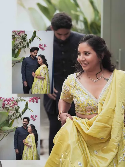 A collage capturing the fun and candid moments behind the scenes at an engagement shoot.