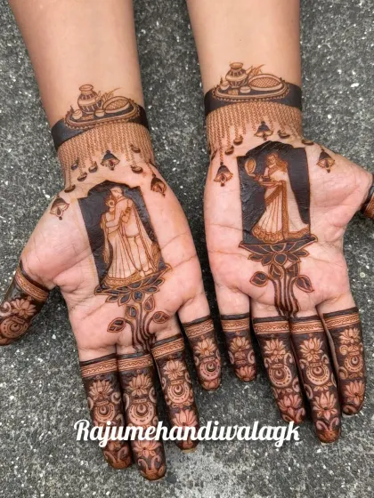 This design focuses on the Karwa Chauth rituals. One palm shows the couple together, while the other shows the wife with the puja thali and sieve. The hanging jhumkas and lotus details on the fingers complete the look.