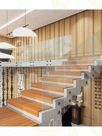 The custom-designed staircase, with its floating concrete treads and wood tops, is a central sculptural element in the duplex penthouse.