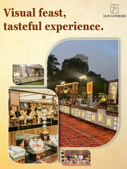 A visual feast to promise a tasteful experience. This collage shows our versatility, from sprawling outdoor setups to detailed shots of our dessert and main course counters.