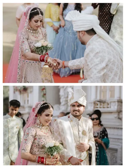 A collage showing key moments from the wedding ceremony, including the groom's arrival and the couple walking together.