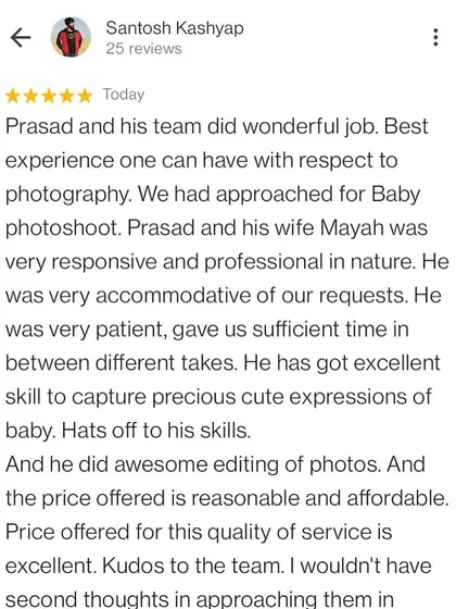 I'm thrilled to be described as professional, responsive, and patient. Providing a great experience and beautiful photos at a reasonable price is what I always strive for.