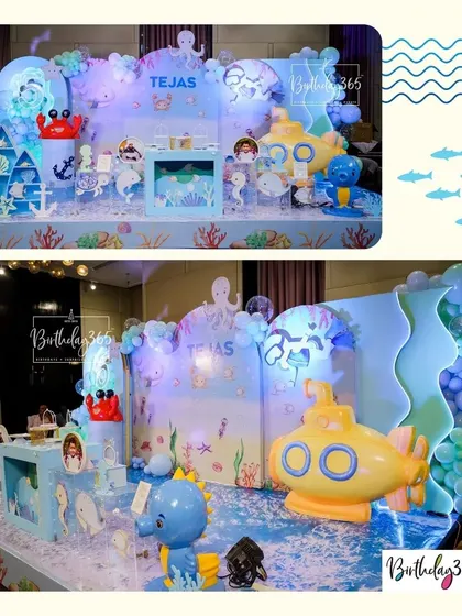 An enchanting underwater adventure for Tejas. The decor included a large yellow submarine prop, a variety of sea creature cutouts, and a backdrop that glowed with soft blue light.