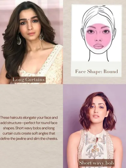 For a round face shape, the goal is to elongate and add structure. Short wavy bobs and long curtain bangs are excellent choices as they create soft angles that help define the jawline and slim the cheeks.