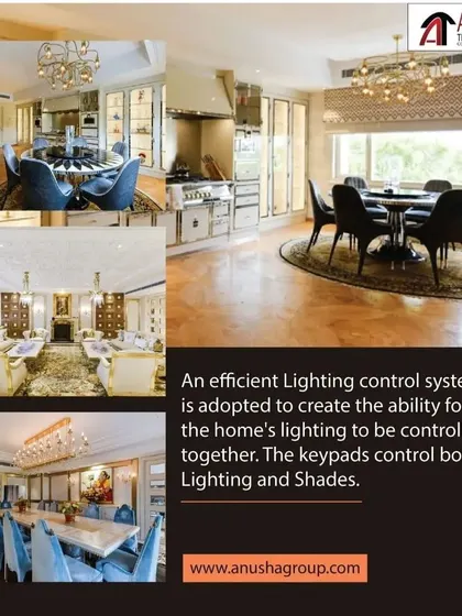This collage shows how our efficient lighting control systems unify a home's ambiance. We replace multiple switches with single, elegant keypads that control both lighting and shades, improving aesthetics and functionality in dining rooms, kitchens, and living areas.