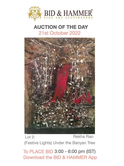Another promotional image for 'The Diwali Sale', a curated auction of just three lots over three hours. The featured painting is 'Under the Banyan Tree' by Rekha Rao.