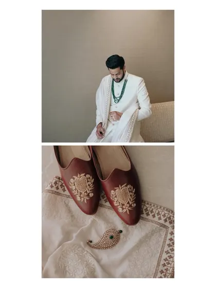 A diptych showing the groom's portrait and a flat lay of his accessories, including his custom-embroidered shoes and brooch.
