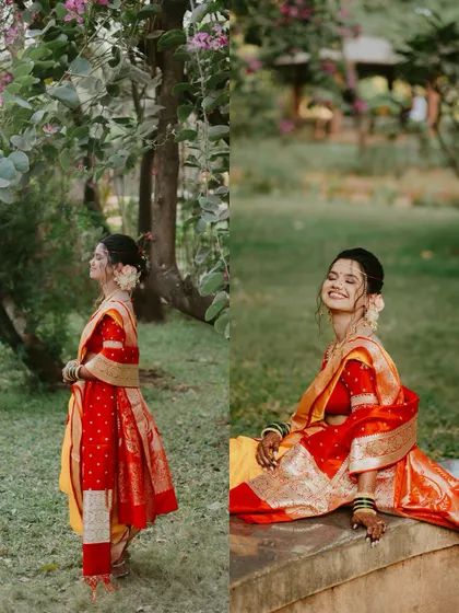 A diptych showing the bride in her vibrant Nauvari saree, capturing both a full-length pose and a joyful seated portrait.