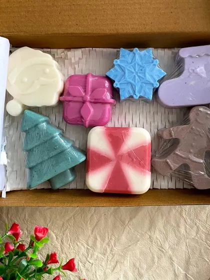 Here is the Christmas soap set packed in a gift box. The colorful soaps look so cheerful nestled in the box, ready to be gifted.