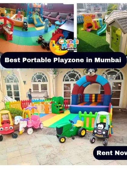 A collage highlighting some of my best portable playzones in Mumbai. From a compact terrace setup with a playhouse to a larger garden party with a bouncy castle and ride-on cars, I bring the fun to you.