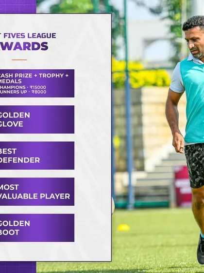 A graphic detailing the various awards up for grabs at the Just Fives League, including cash prizes, trophies, and individual honors like the Golden Glove and Golden Boot.
