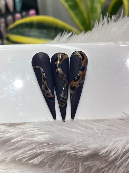 A close-up of our hand-painted snake nail art on long, stiletto-shaped tips. This design features a realistic leopard-print snake winding over a matte black base, showcasing our skill in creating detailed and edgy animal-themed art.
